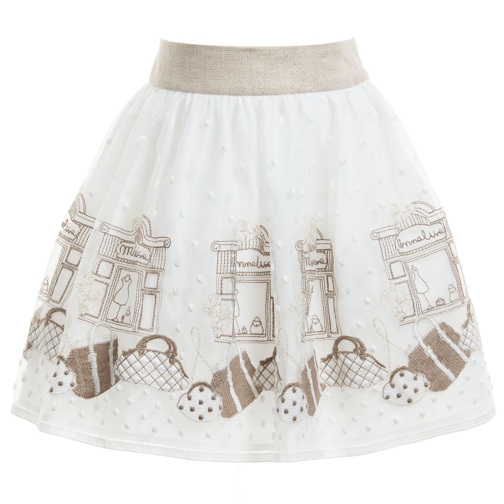 Monnalisa Chic-White & Gold Embroidered 'Shop' Skirt | Childrensalon Outlet
