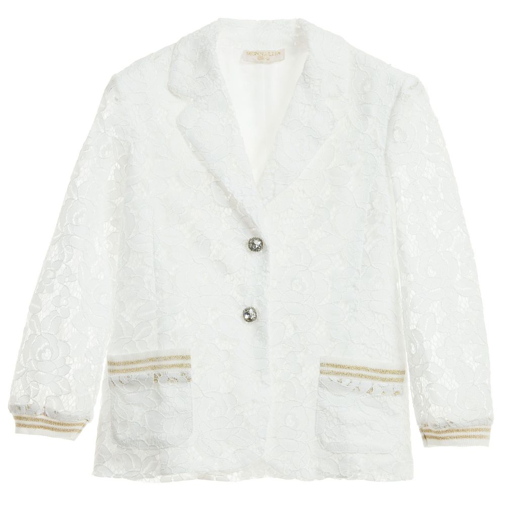 Monnalisa Chic - White Lace Blazer with Diamanté Buttons | Childrensalon