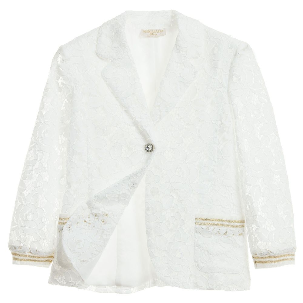 Monnalisa Шик-White Lace Blazer with Diamanté Buttons | Childrensalon Outlet
