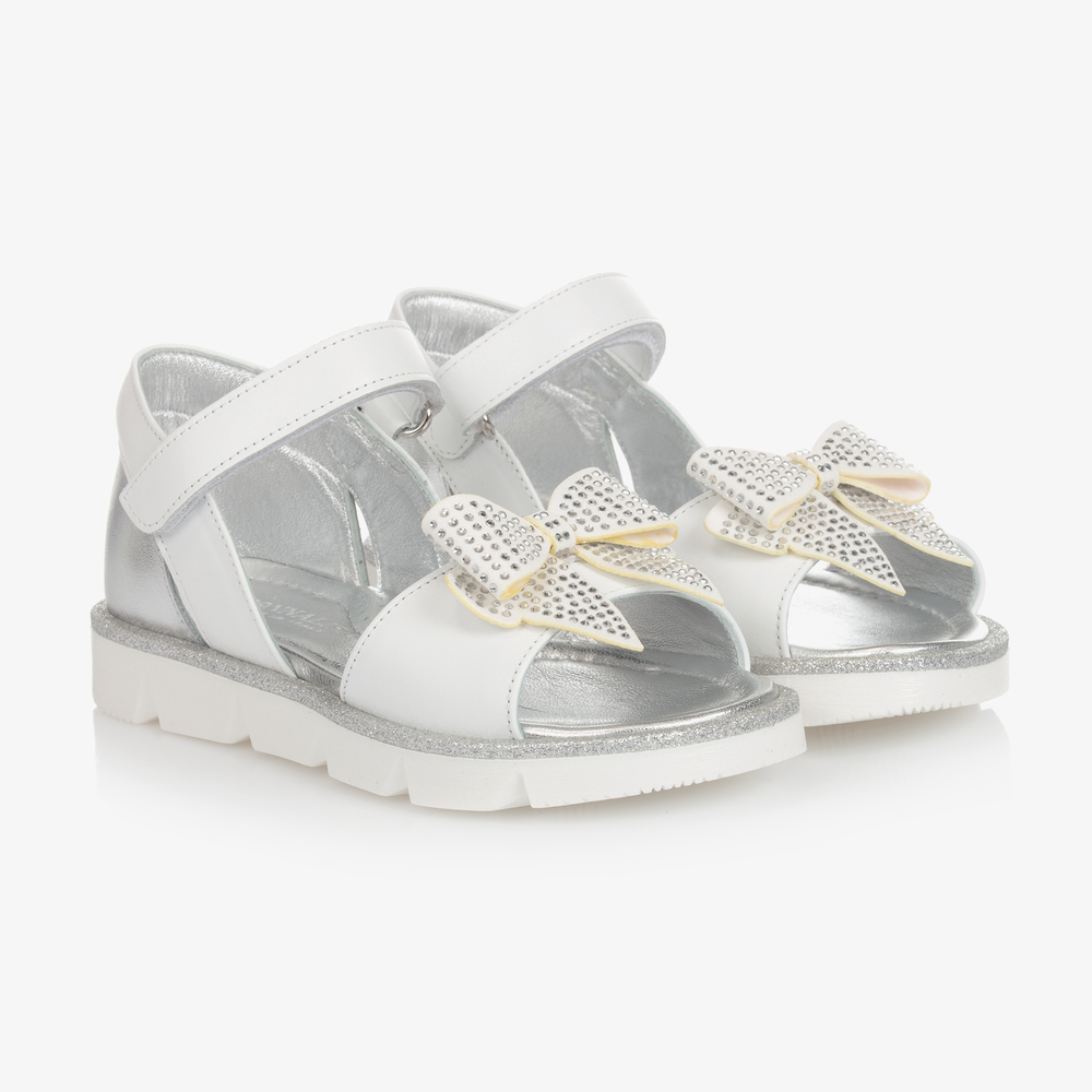 Monnalisa - White Leather Bow Sandals | Childrensalon