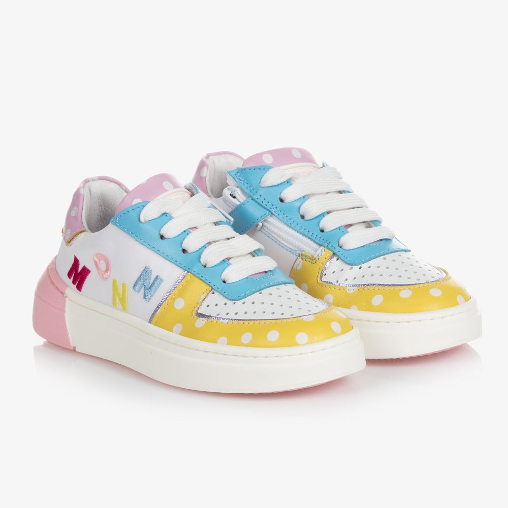 Monnalisa - White Leather Logo Trainers | Childrensalon