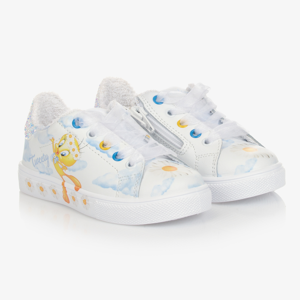 Monnalisa - White Leather Tweety Trainers | Childrensalon