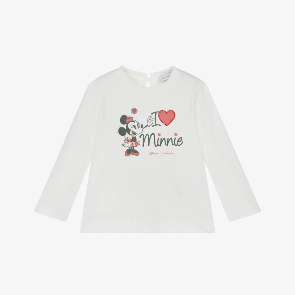 Monnalisa-White Minnie Mouse Ls Top | Childrensalon Outlet