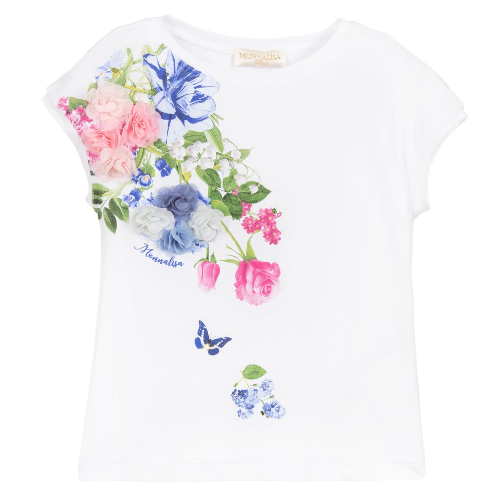 Monnalisa Chic - White Modal Floral T-Shirt | Childrensalon Outlet
