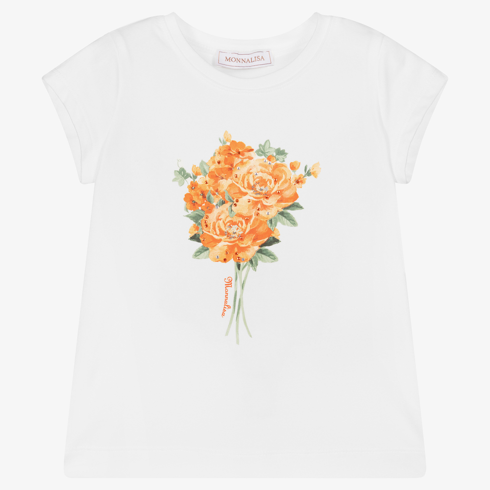 Monnalisa - Blumen-T-Shirt in Weiß und Orange | Childrensalon