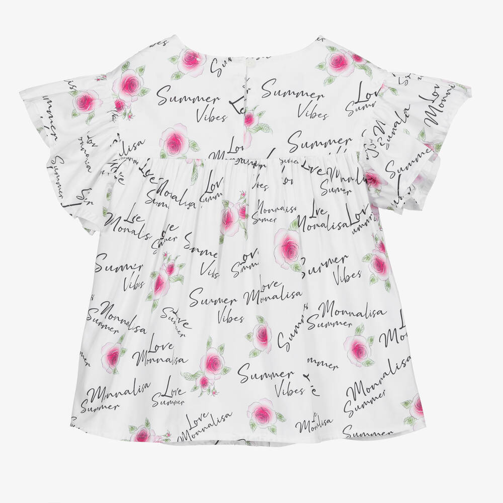 موناليزا-بلوز قطن بوبلين لون أبيض بطبعة ورود للبنات | Childrensalon Outlet