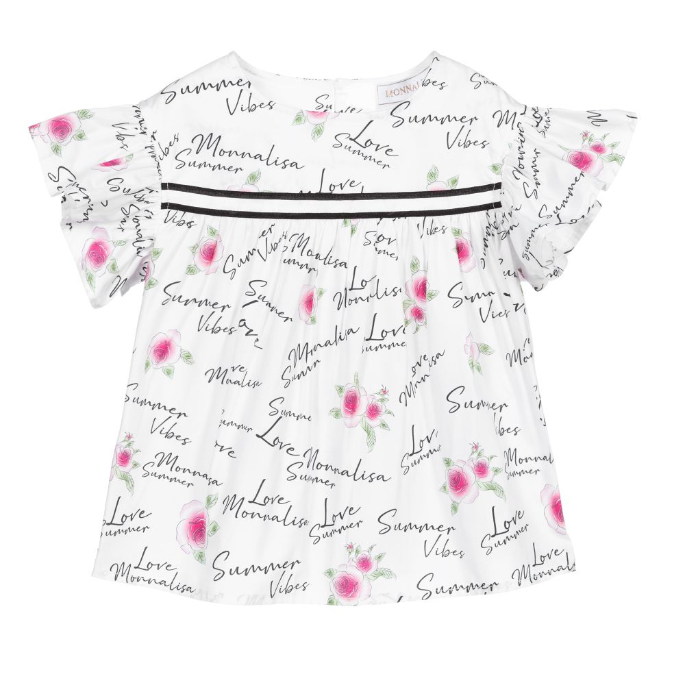 Monnalisa - Бело-розовая блузка с цветочным принтом | Childrensalon