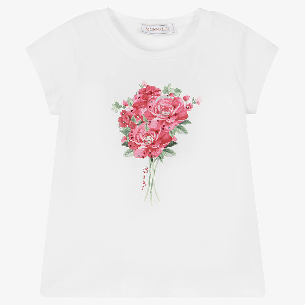 Monnalisa - Белая футболка с розовыми цветами | Childrensalon