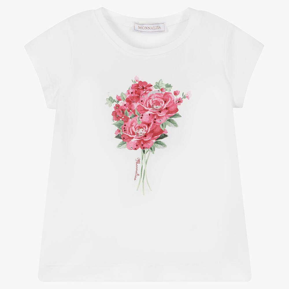 Monnalisa-Белая футболка с розовыми цветами | Childrensalon Outlet