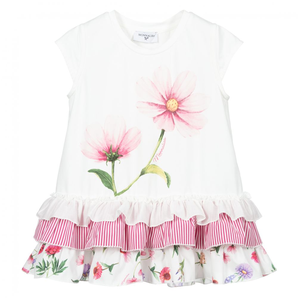 Monnalisa - Бело-розовая футболка с оборками по низу | Childrensalon