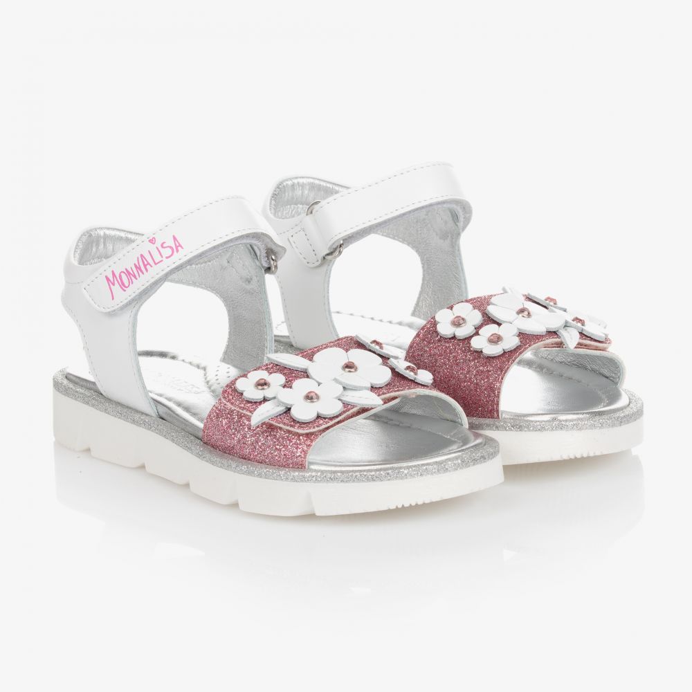 Monnalisa - Бело-розовые блестящие сандалии | Childrensalon