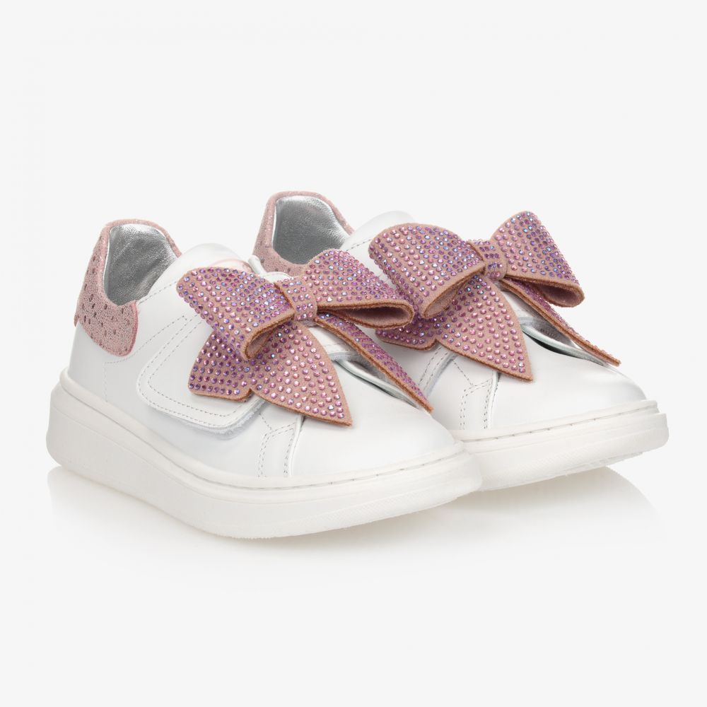 Monnalisa - Бело-розовые кожаные кроссовки | Childrensalon