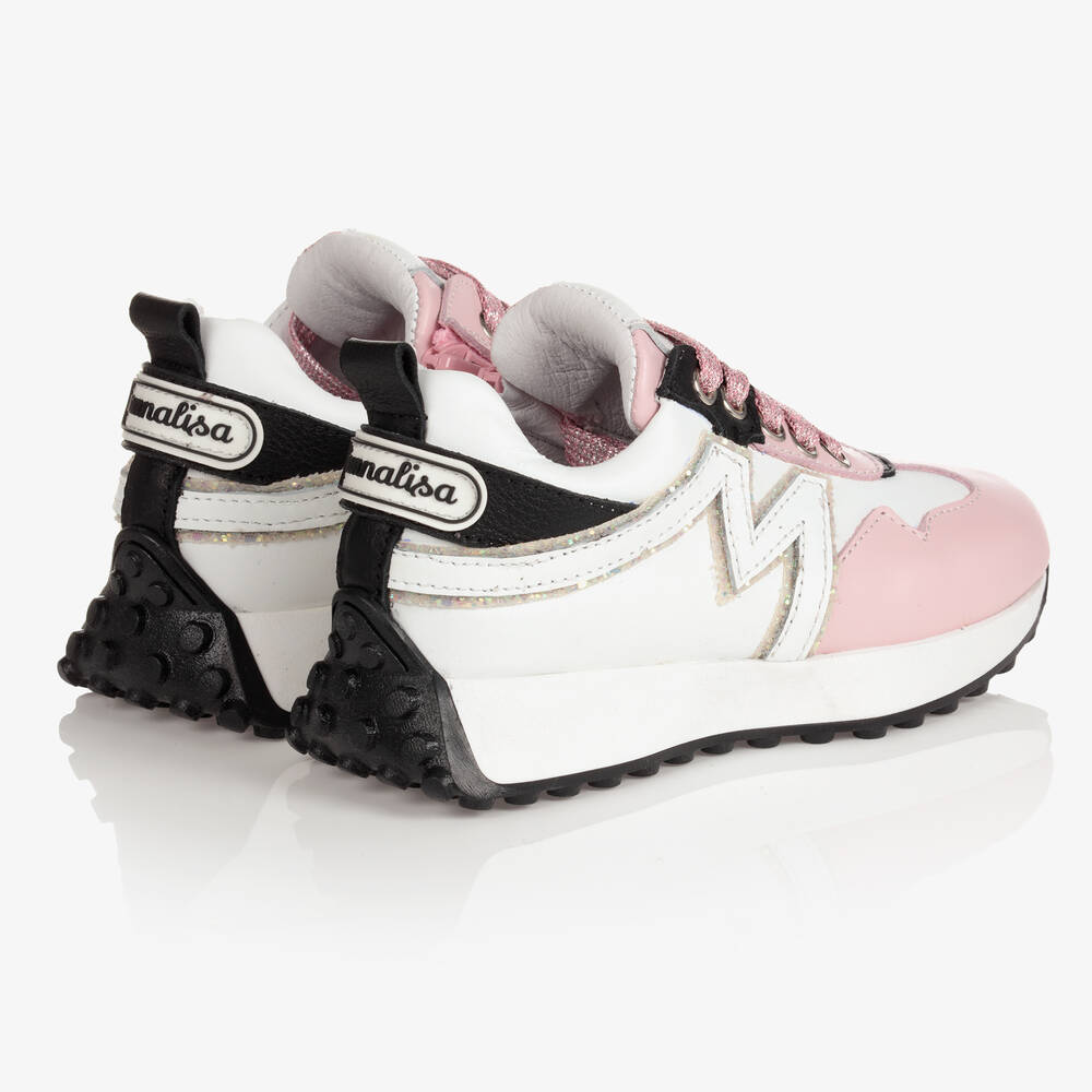 Monnalisa-White & Pink Leather Trainers | Childrensalon Outlet