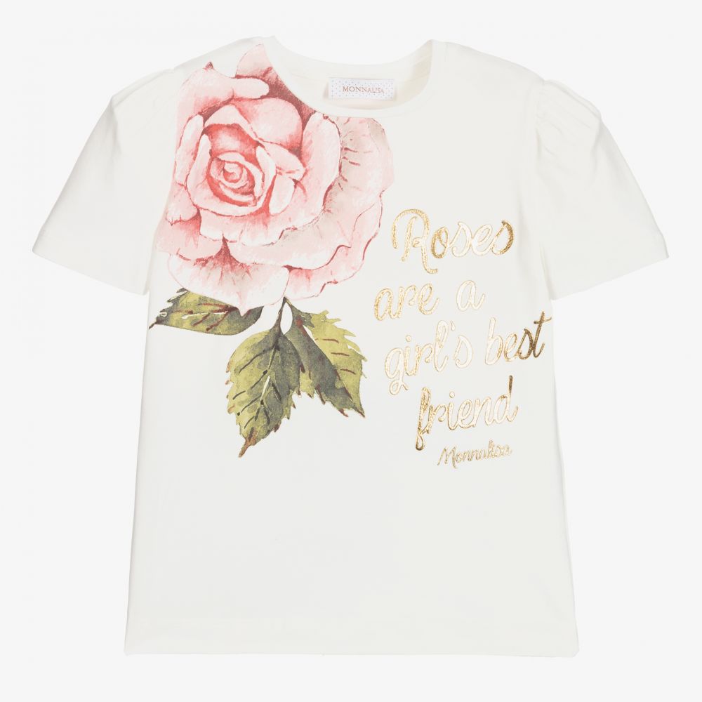 Monnalisa Chic - T-Shirt mit Rose in Weiß und Rosa | Childrensalon