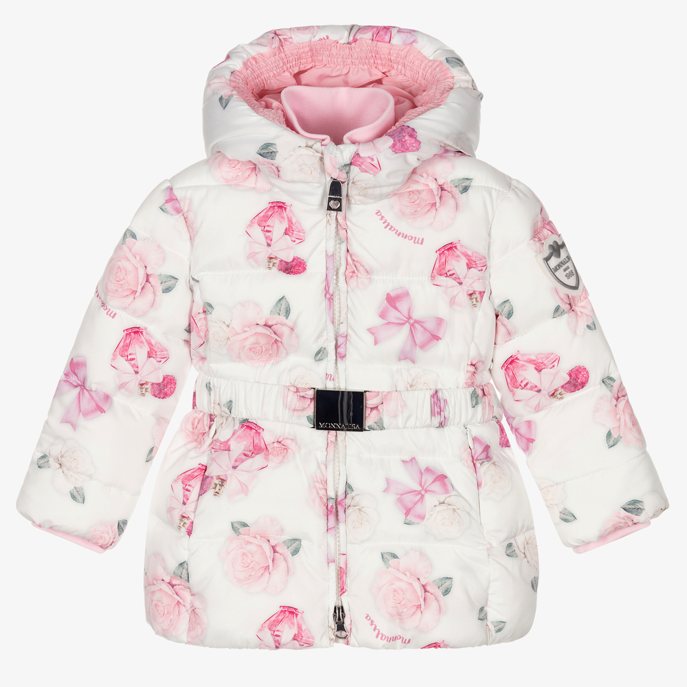 Monnalisa - White & Pink Roses Puffer Coat | Childrensalon