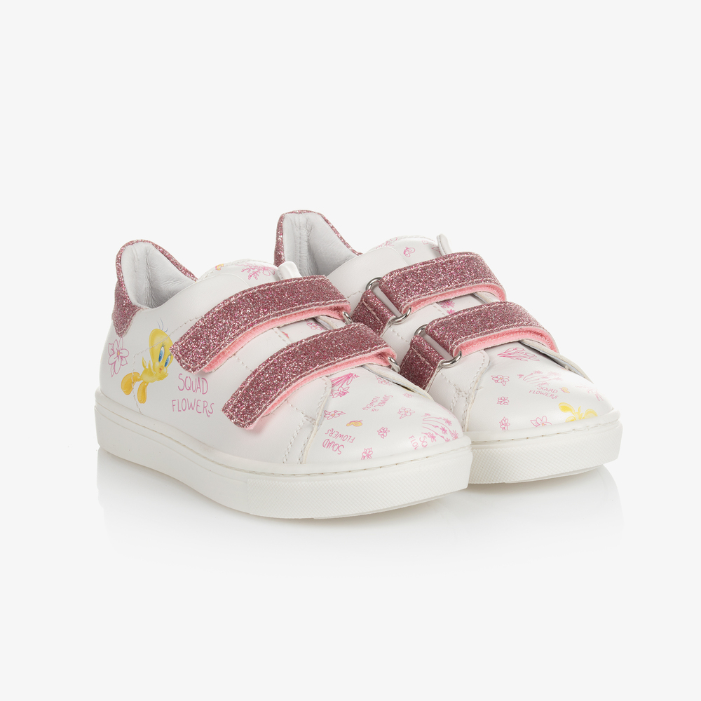 Monnalisa - حذاء ترينرز جلد صناعي لون أبيض وزهري للبنات | Childrensalon