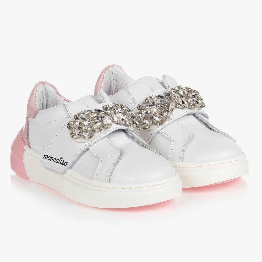Monnalisa - Бело-розовые кроссовки на липучке | Childrensalon