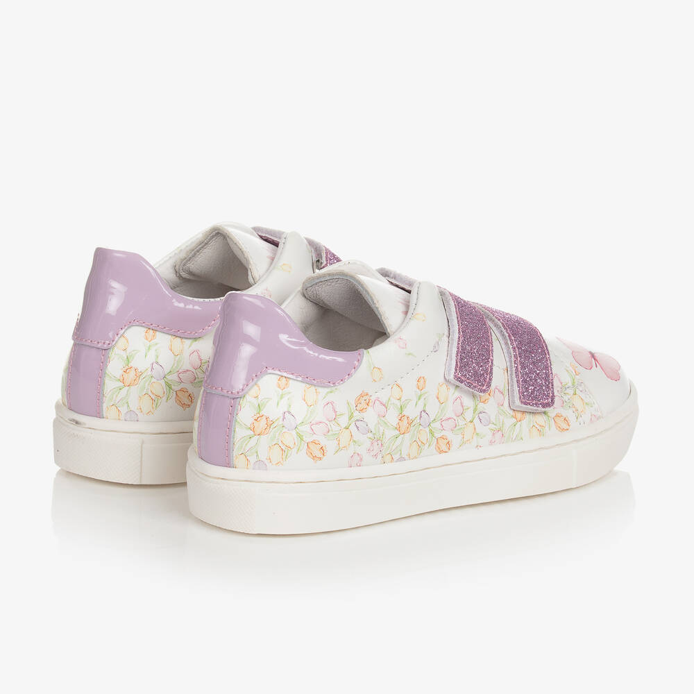 Monnalisa-White & Purple Butterfly Print Trainers | Childrensalon Outlet