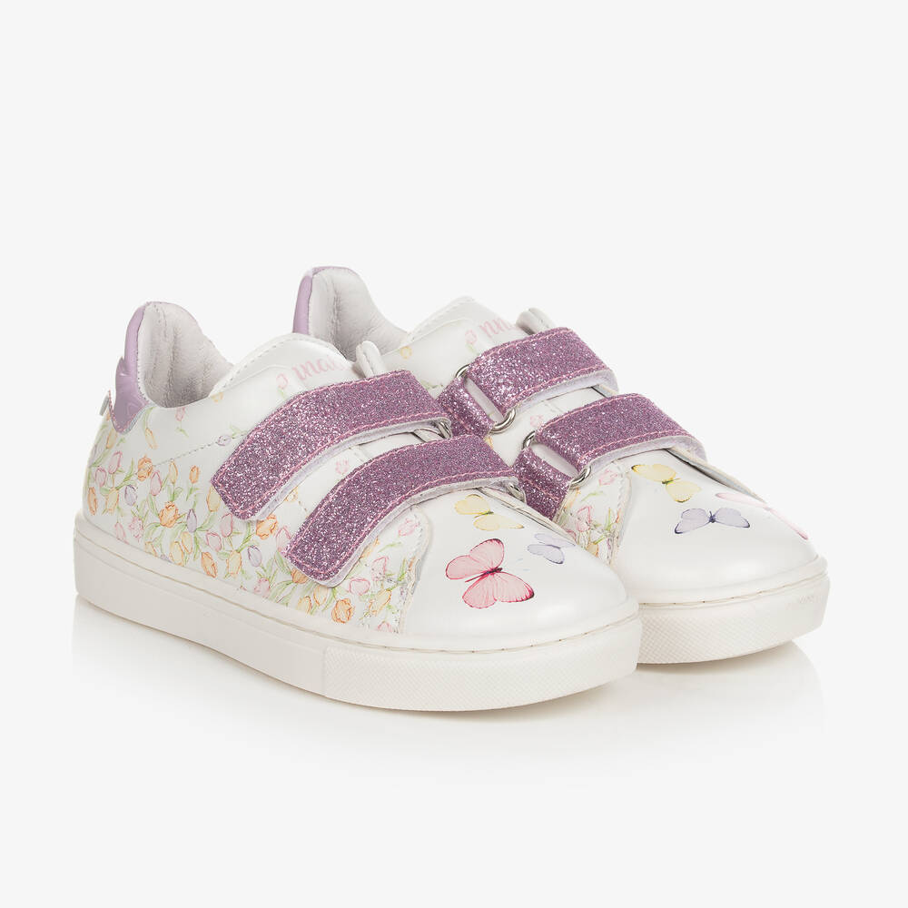 Monnalisa - White & Purple Butterfly Print Trainers | Childrensalon