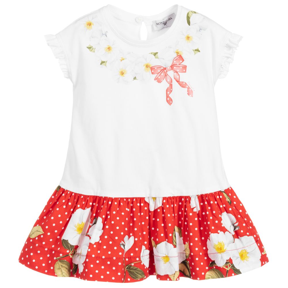 Monnalisa - White & Red Cotton Dress | Childrensalon