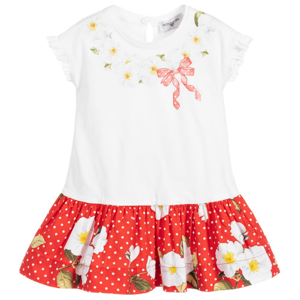 Monnalisa-White & Red Cotton Dress | Childrensalon Outlet