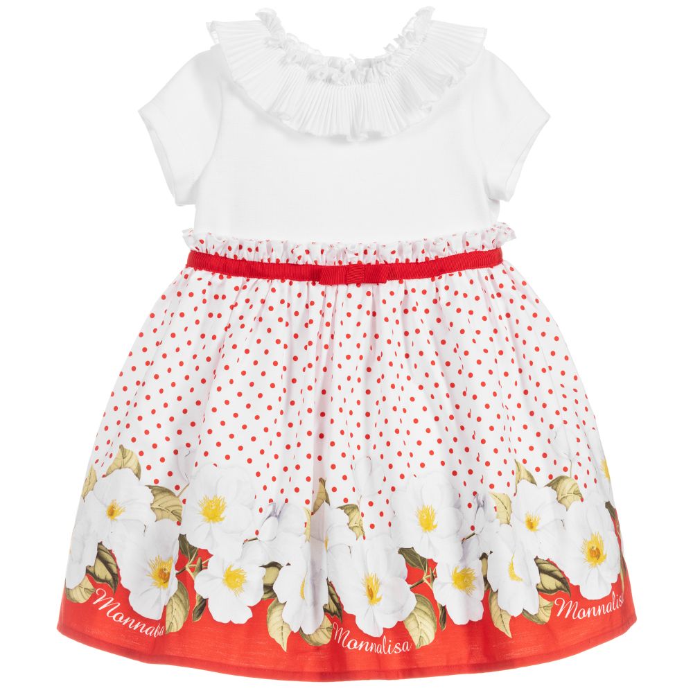 Monnalisa - White & Red Floral Dot Dress | Childrensalon