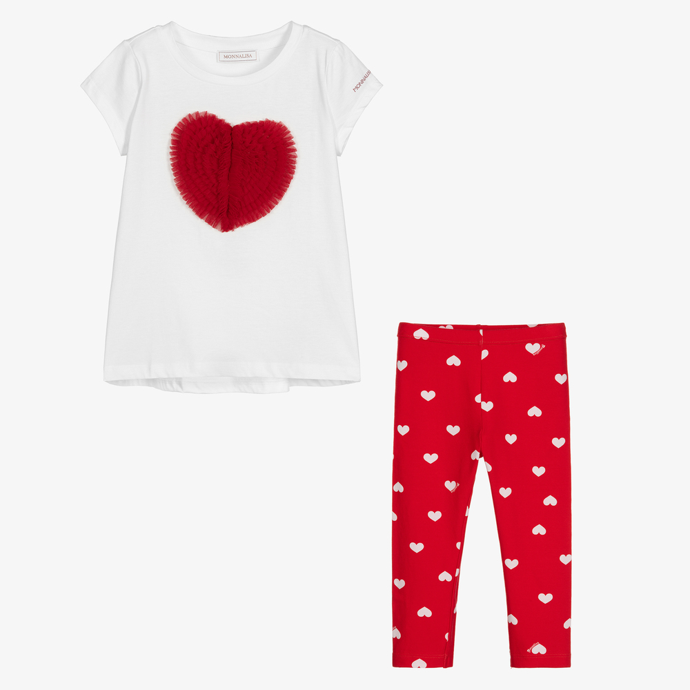 Monnalisa-White & Red Heart Leggings Set | Childrensalon Outlet