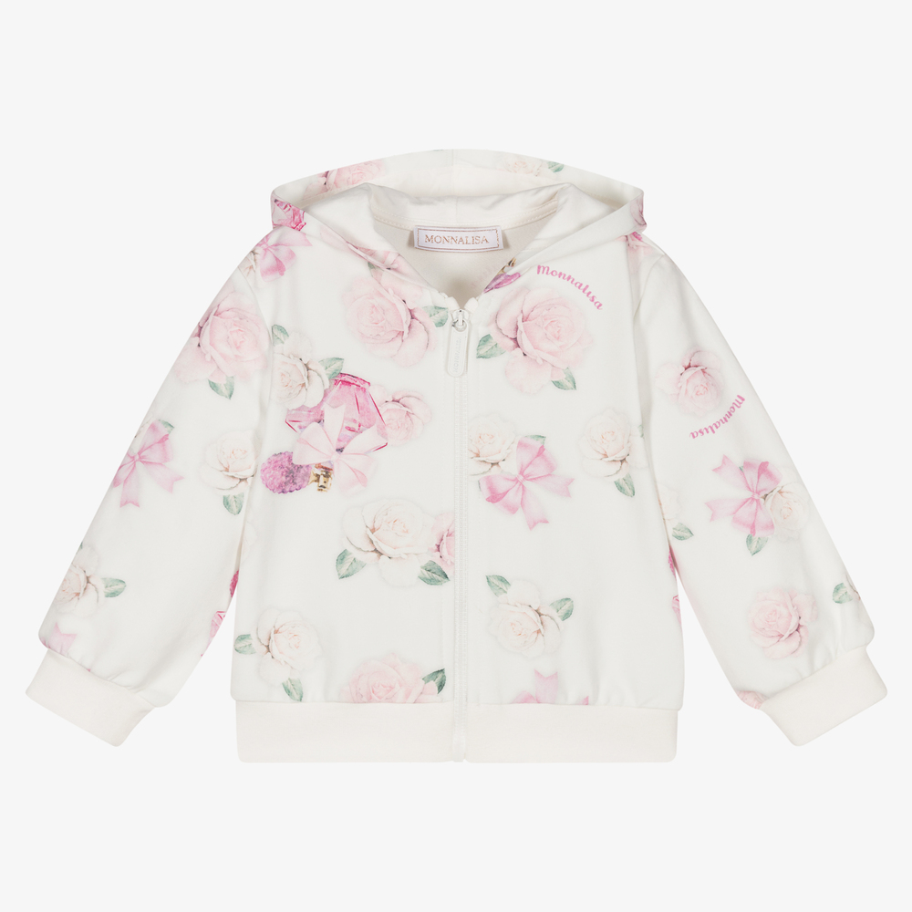 Monnalisa - White Roses Zip-Up Hooded Top | Childrensalon