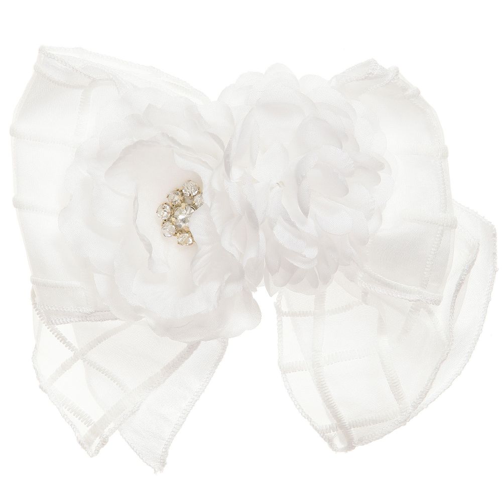 Monnalisa Chic-طقم متكون من فستان من الأرجنزا و الساتان بلون أبيض مع زركشة بوردة | Childrensalon Outlet