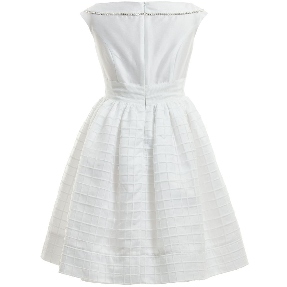 Monnalisa Chic-طقم متكون من فستان من الأرجنزا و الساتان بلون أبيض مع زركشة بوردة | Childrensalon Outlet