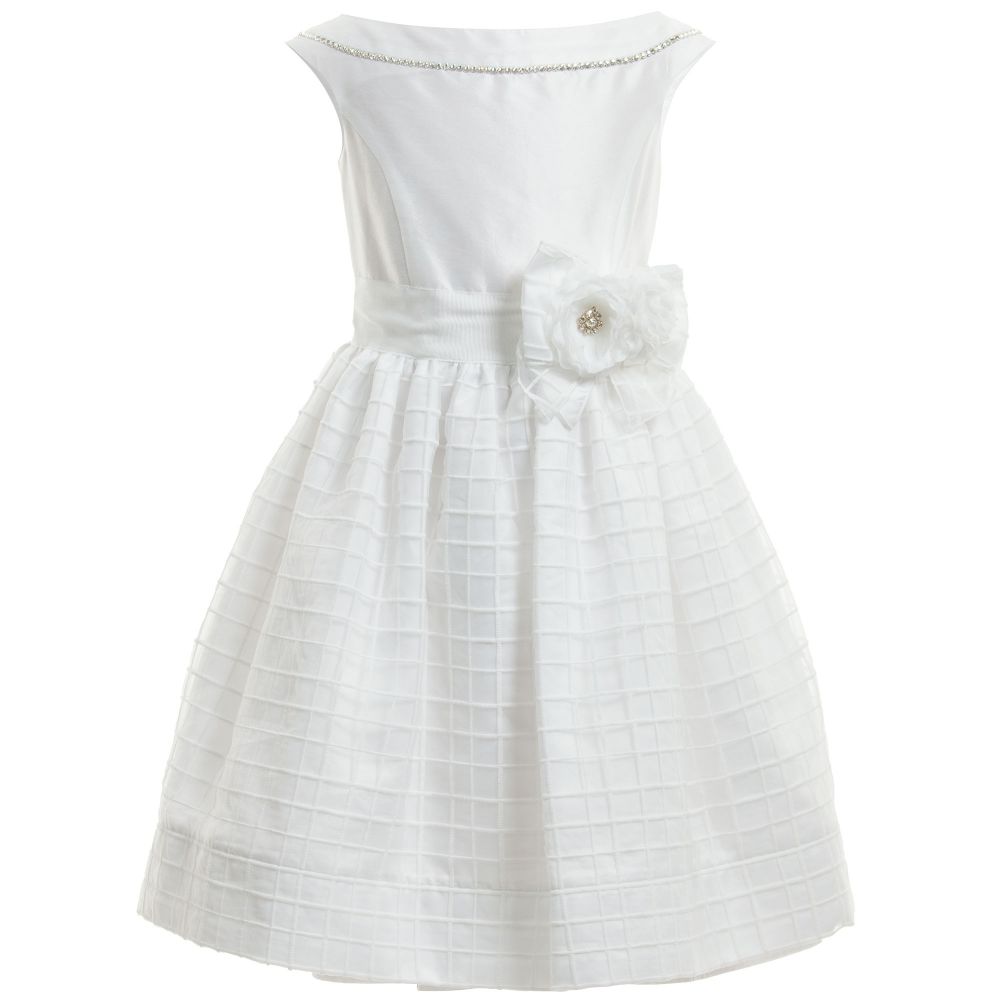 Monnalisa Chic - White Satin & Organza Dress with Rosette Brooch | Childrensalon