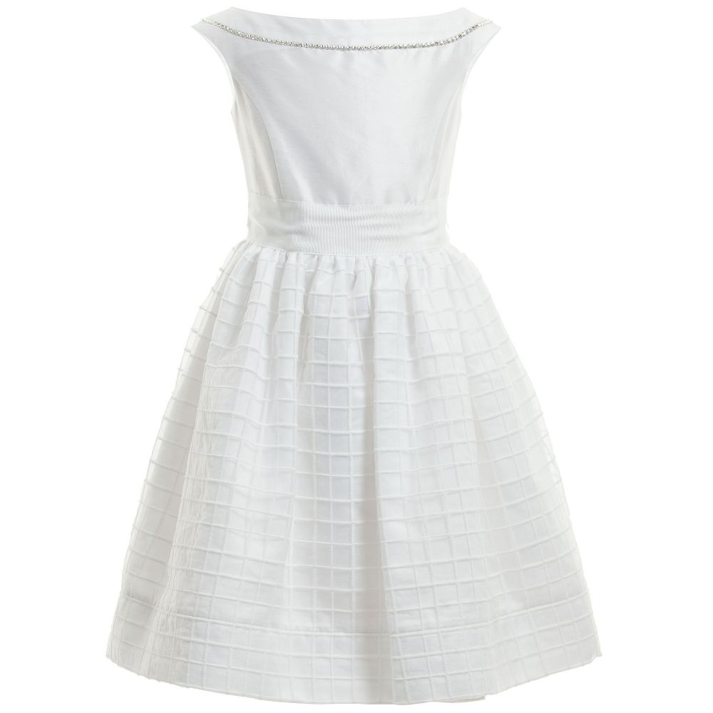 Monnalisa Chic-طقم متكون من فستان من الأرجنزا و الساتان بلون أبيض مع زركشة بوردة | Childrensalon Outlet