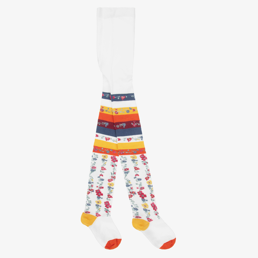 Monnalisa - White Striped Floral Tights | Childrensalon