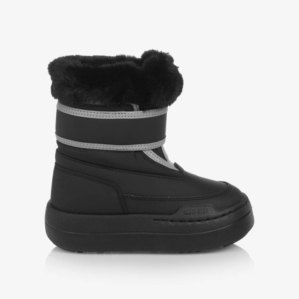 Moon Boot-Black Faux Fur Trim Velcro Boots | Childrensalon Outlet
