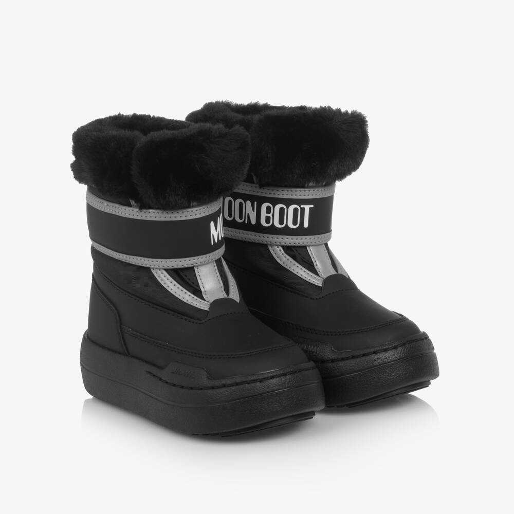 Moon Boot-Black Faux Fur Trim Velcro Boots | Childrensalon Outlet