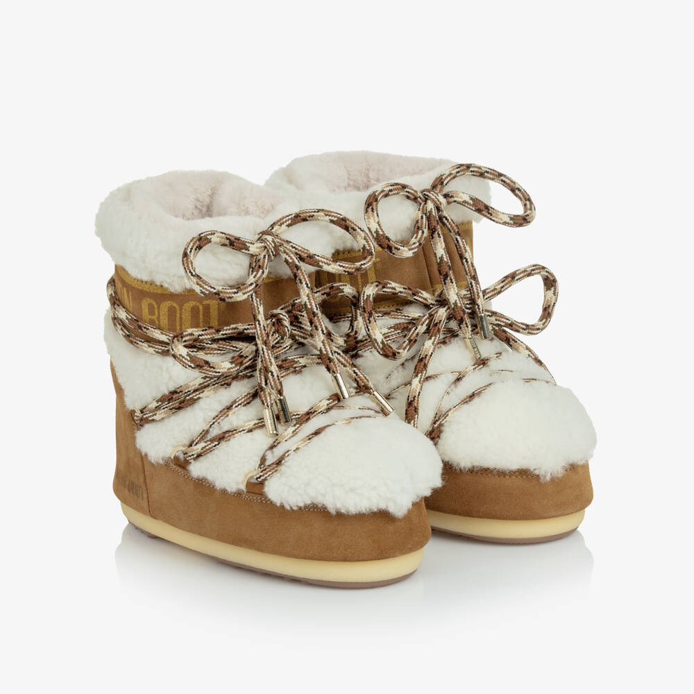 Moon Boot-Girls Tan Brown Suede Leather & Sherpa Snow Boots | Childrensalon Outlet