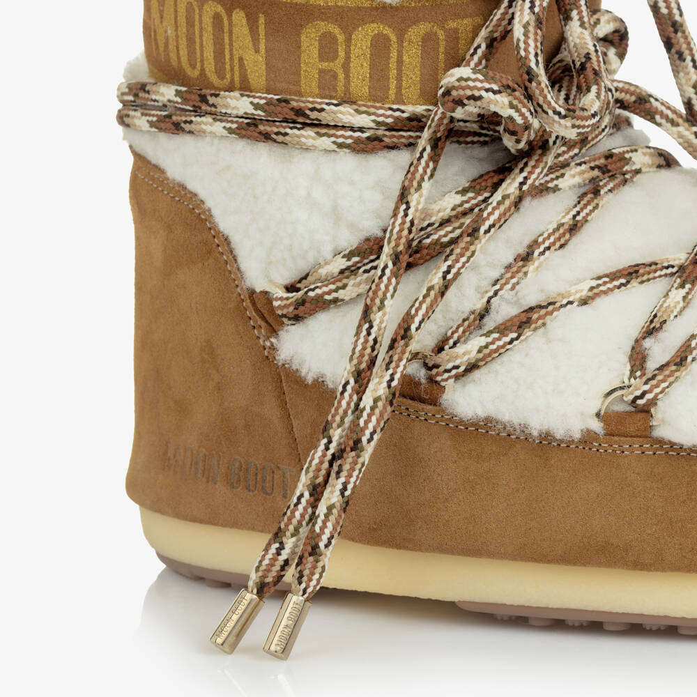 Moon Boot-Girls Tan Brown Suede Leather & Sherpa Snow Boots | Childrensalon Outlet