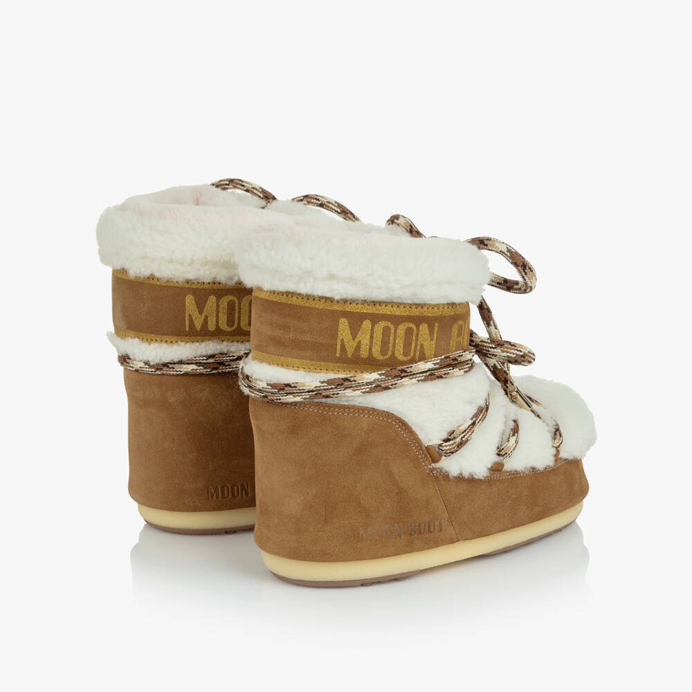 Moon Boot-Girls Tan Brown Suede Leather & Sherpa Snow Boots | Childrensalon Outlet