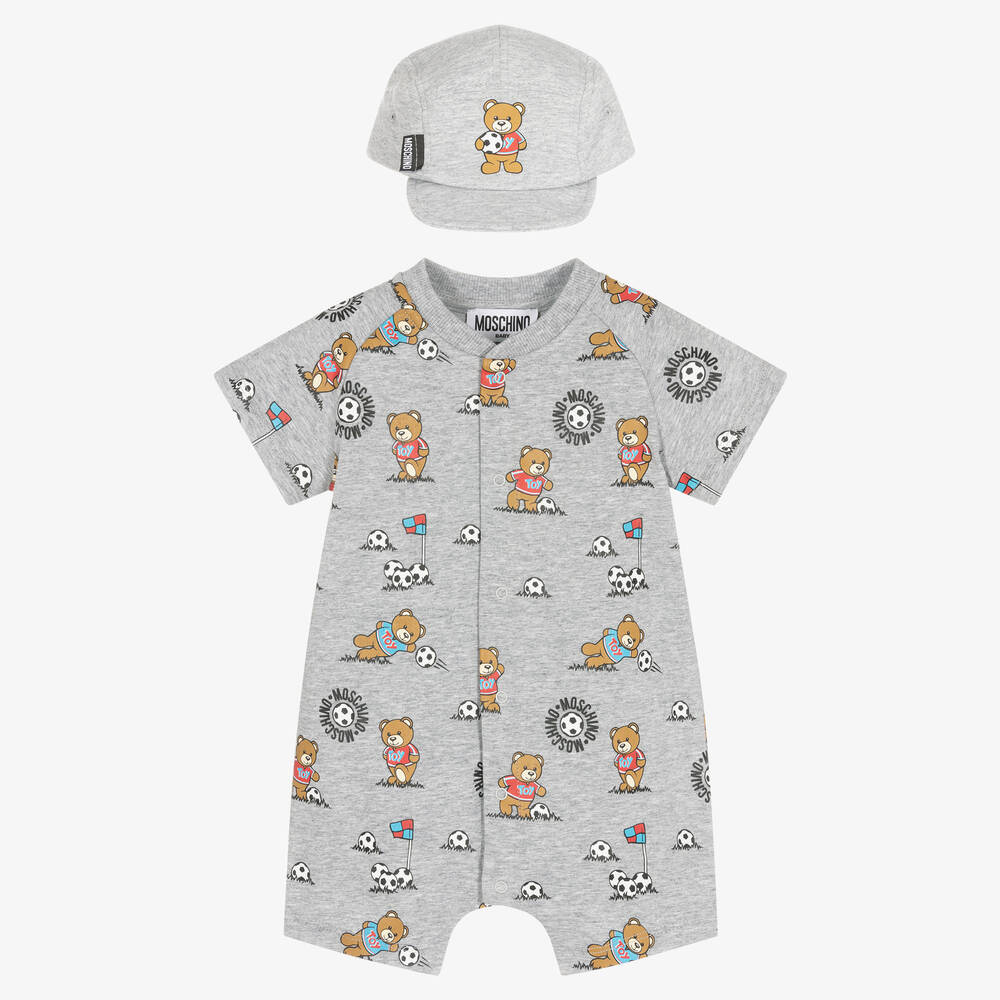 Moschino Baby - Серый песочник с медвежатами и шапочка | Childrensalon