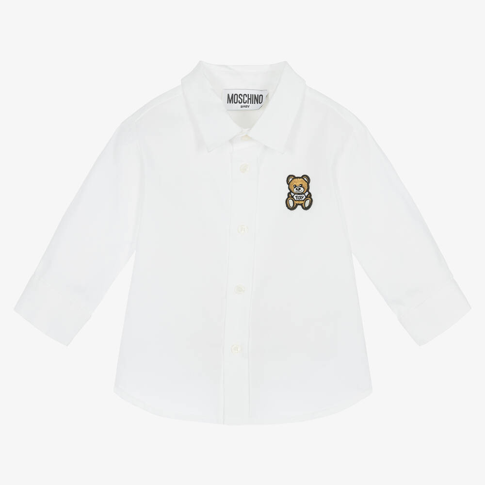 Moschino Baby - قميص قطن بوبلين لون أبيض بطبعة تيدي بير للأولاد | Childrensalon