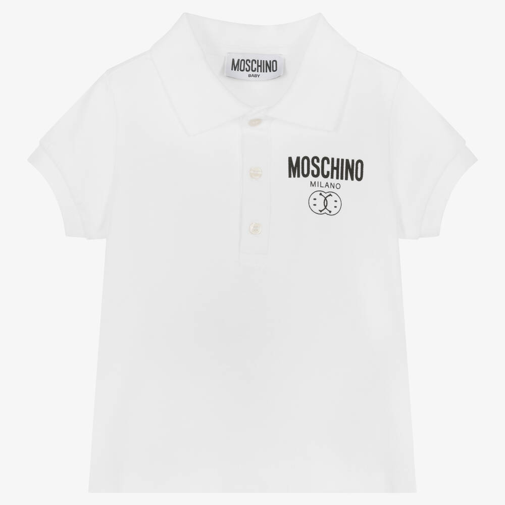 Moschino Baby - توب بولو أطفال ولادي قطن بيكيه لون أبيض | Childrensalon