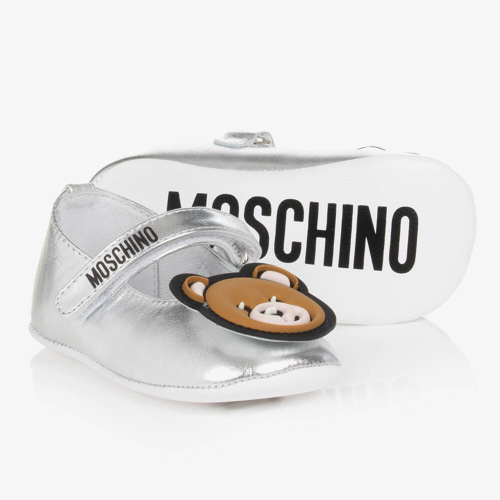 Moschino Baby - Baby Girls Silver Leather Logo Shoes | Childrensalon