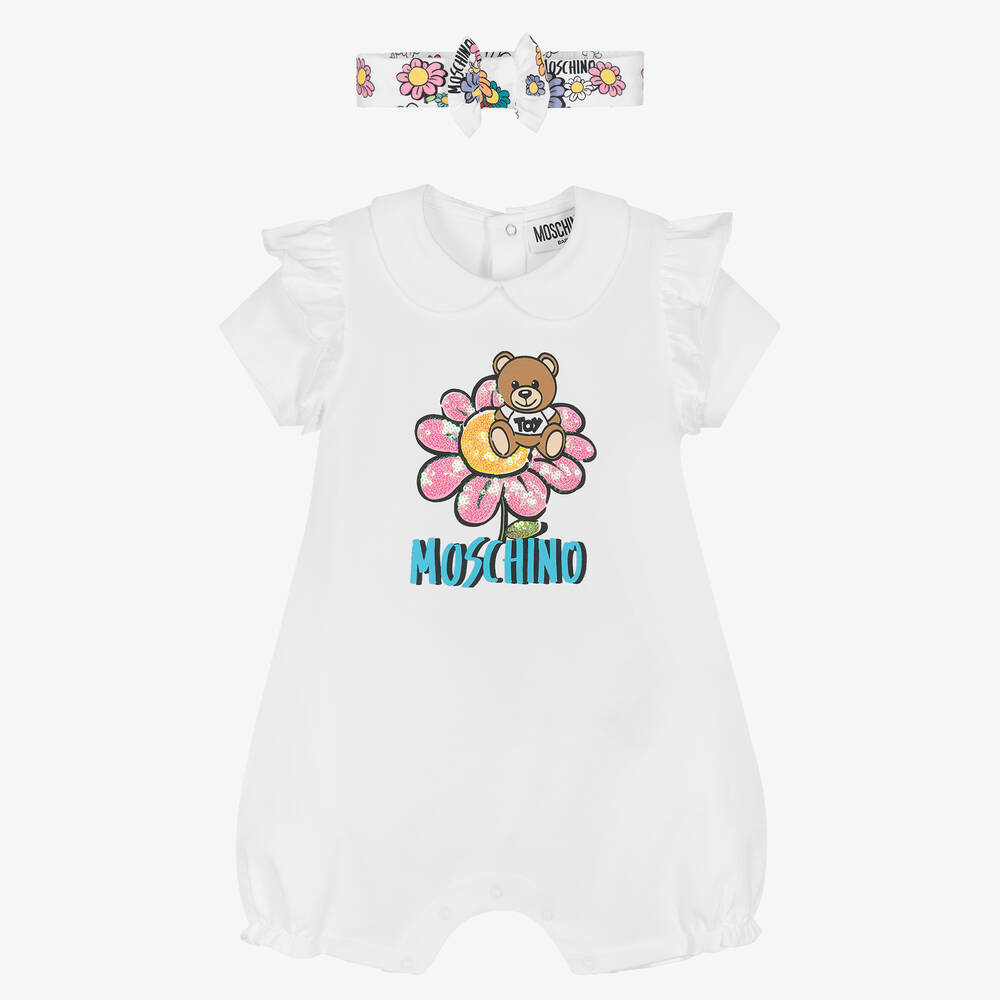 Moschino Baby - Белый комбинезон с медвежонком и повязка на голову | Childrensalon