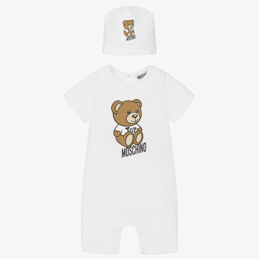 Moschino Baby - Baby White Teddy Bear Shortie & Hat Set | Childrensalon