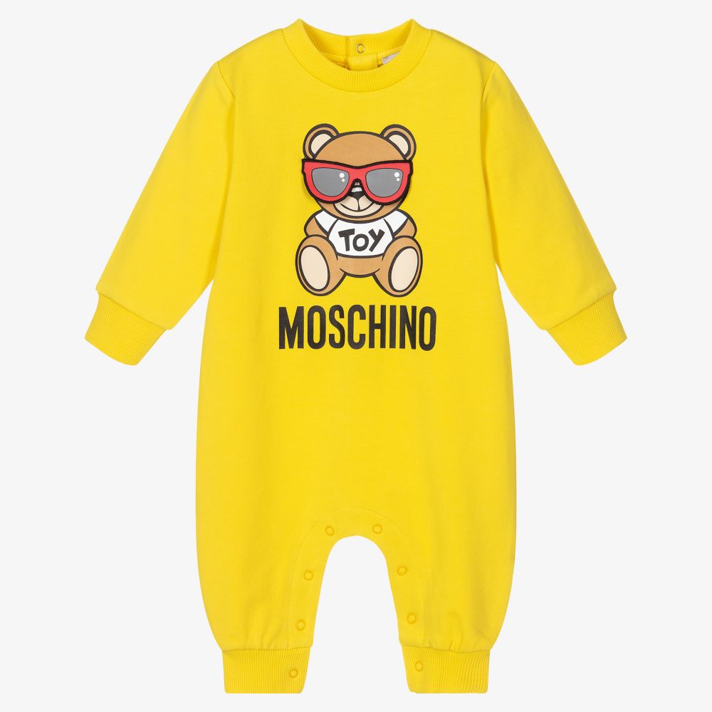 Moschino Baby - Baby Yellow Logo Cotton Romper | Childrensalon
