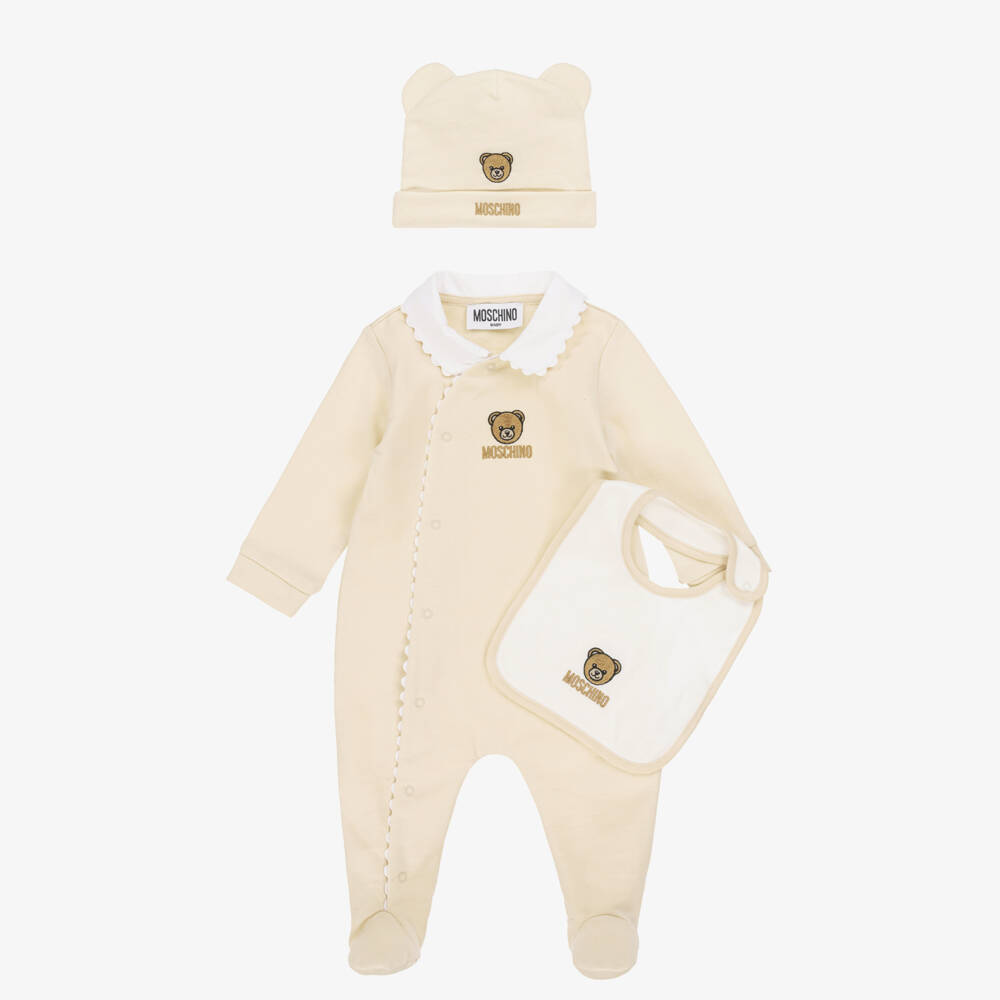 Moschino-طقم بيبي من القطن البيج مع دب | Childrensalon Outlet