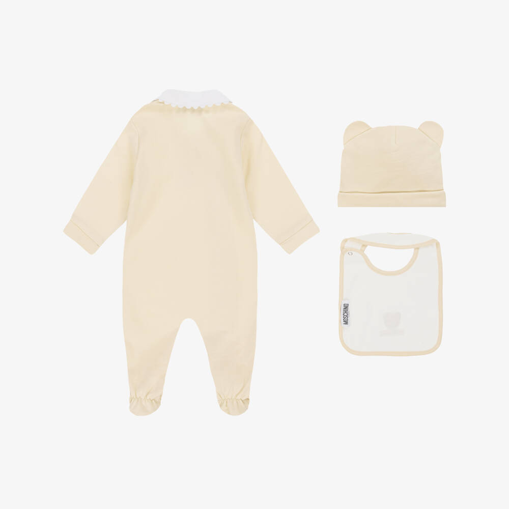 Moschino-Beige Cotton Teddy Bear Babysuit Set | Childrensalon Outlet