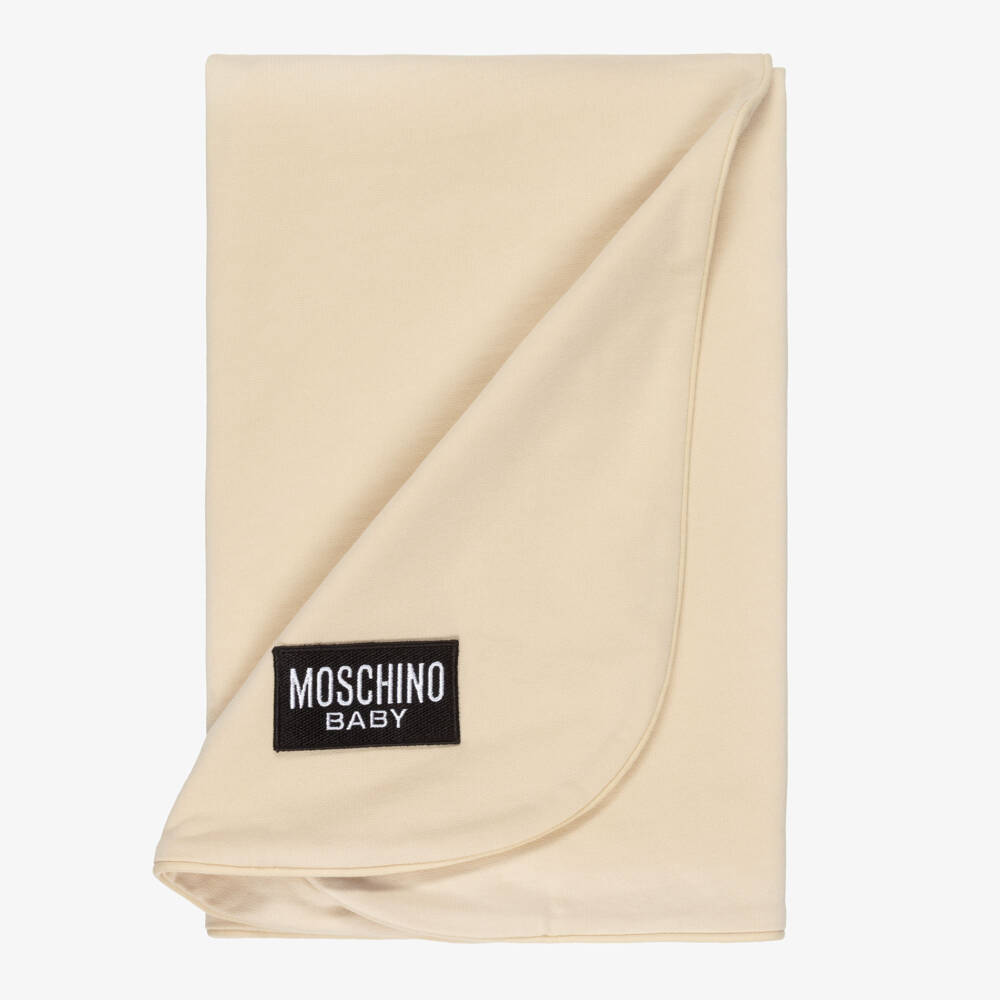 Moschino-Beige Cotton Teddy Bear Logo Blanket (70cm) | Childrensalon Outlet
