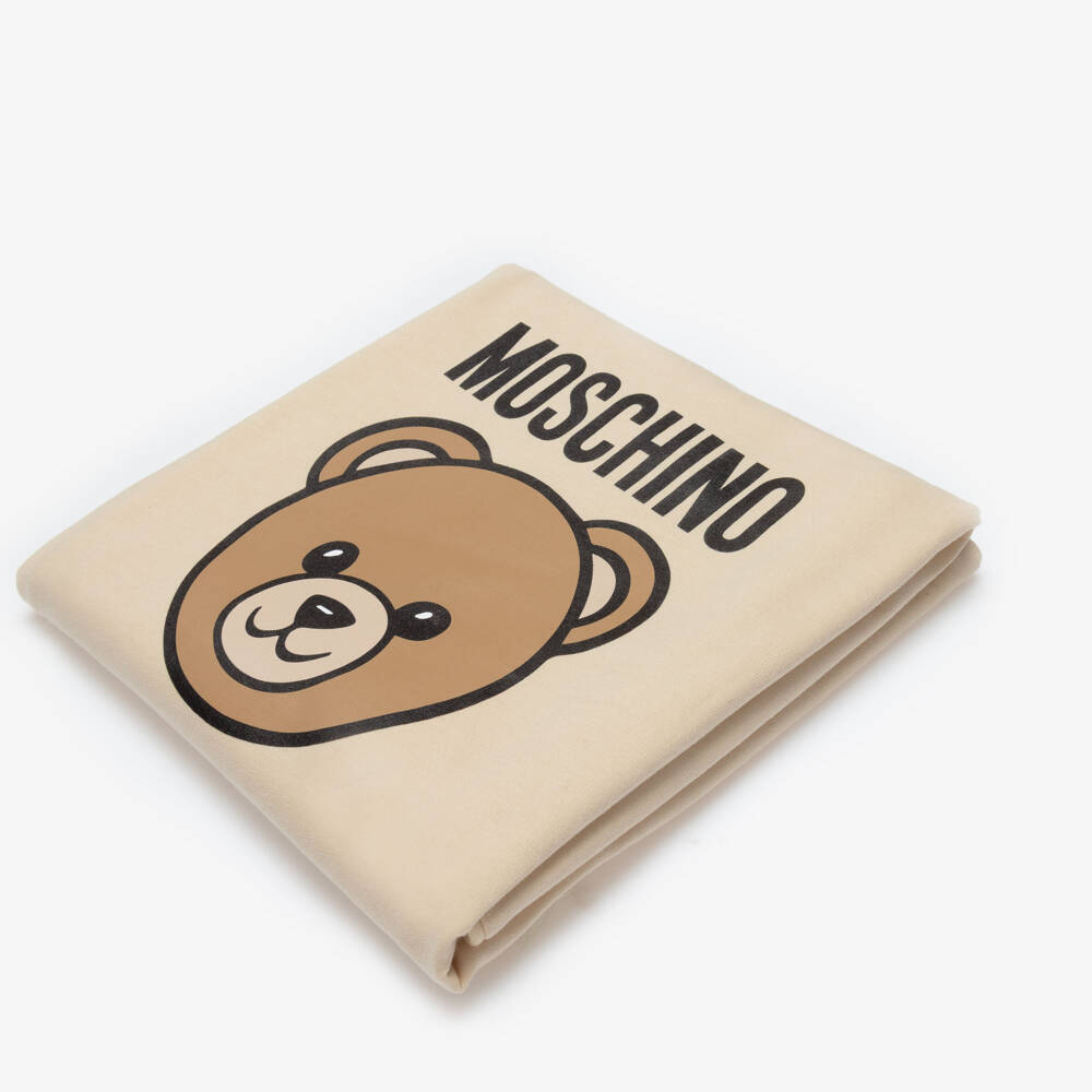 Moschino-Beige Cotton Teddy Bear Logo Blanket (70cm) | Childrensalon Outlet