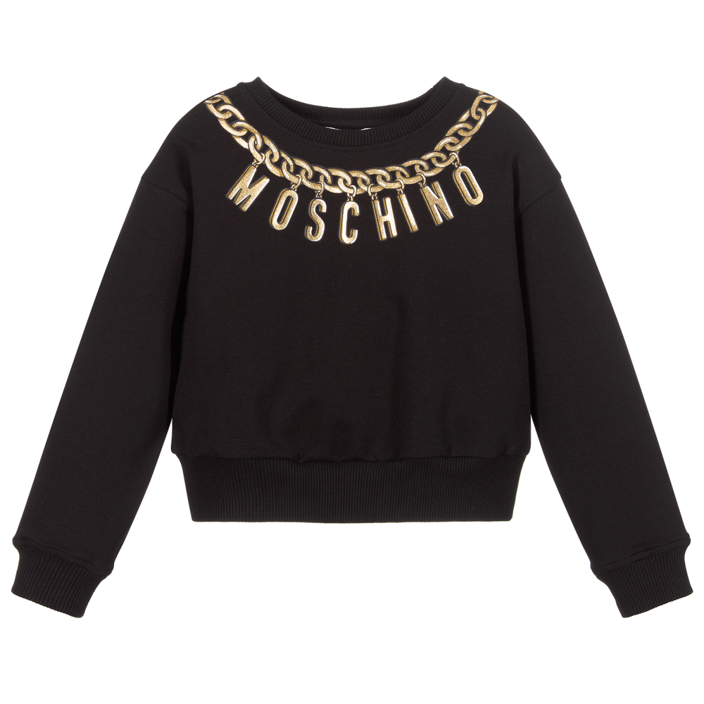 Moschino Kid-Teen - سويتشيرت قطن جيرسي لون أسود وذهبي للبنات | Childrensalon